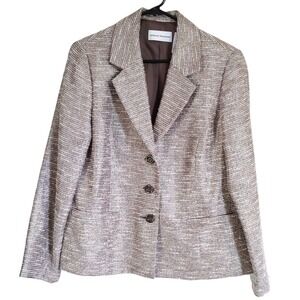 Alfred Dunner‎ Blazer Tweed Brown Cream Silver Metallic Jacket Womens Size Eight